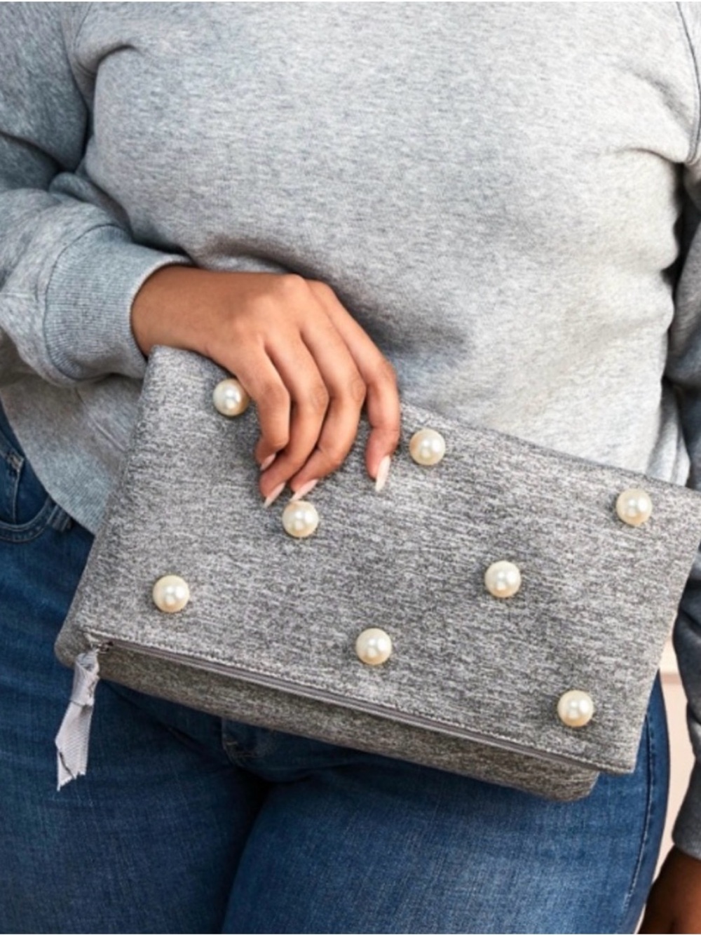 NWOT Stella & Dot pearls Madison Clutch Gray gold-over purse